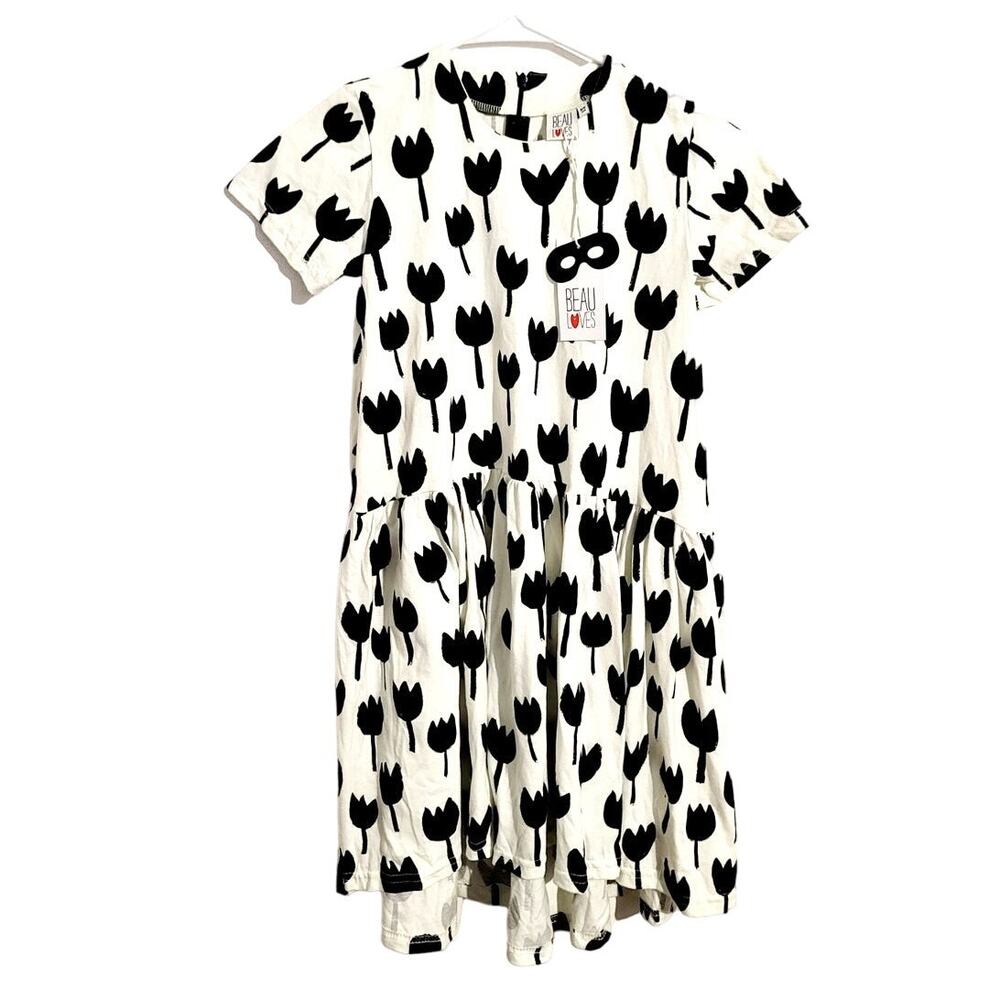 Beau Loves Tulip Floral Short Sleeve Crewneck Hi-Low Hem Cotton Dress 8/9 NEW - Picture 2 of 9